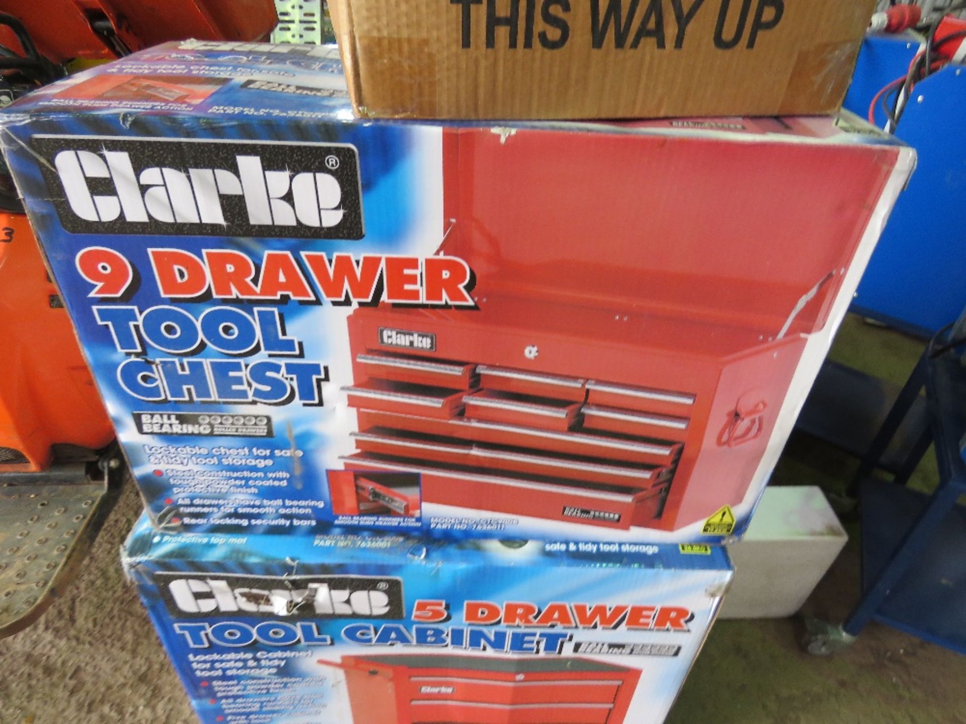 CLARKE 5 DRAWER AND 9 DRAWER TOOL CABINETS PLUS ASSORTED TOOLS AS LISTED PLUS A SPRING COMPRESSOR, U