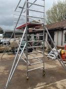 EIGER NARROW WIDTH SCAFFOLD TOWER WORK PLATFORM WITH OUTRIGGERS AND LEGS AND BOARD. THIS LOT IS S