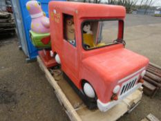 MR BLOBBY AND POSTAMN PAT CHILDREN'S RIDES, CONDITION UNKNOWN. this lot is plus vat!!.