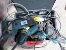 4 X MIXED 110VOLT POWER TOOLS: 2 X DRILLS, A GRINDER AND A RECIP SAW.