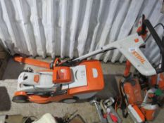 STIHL BATTERY POWERED RMA339C MOWER PLUS A HSA56 BATTERY POWERED HEDGE TRIMMER: WITH ONE BATTERY AND