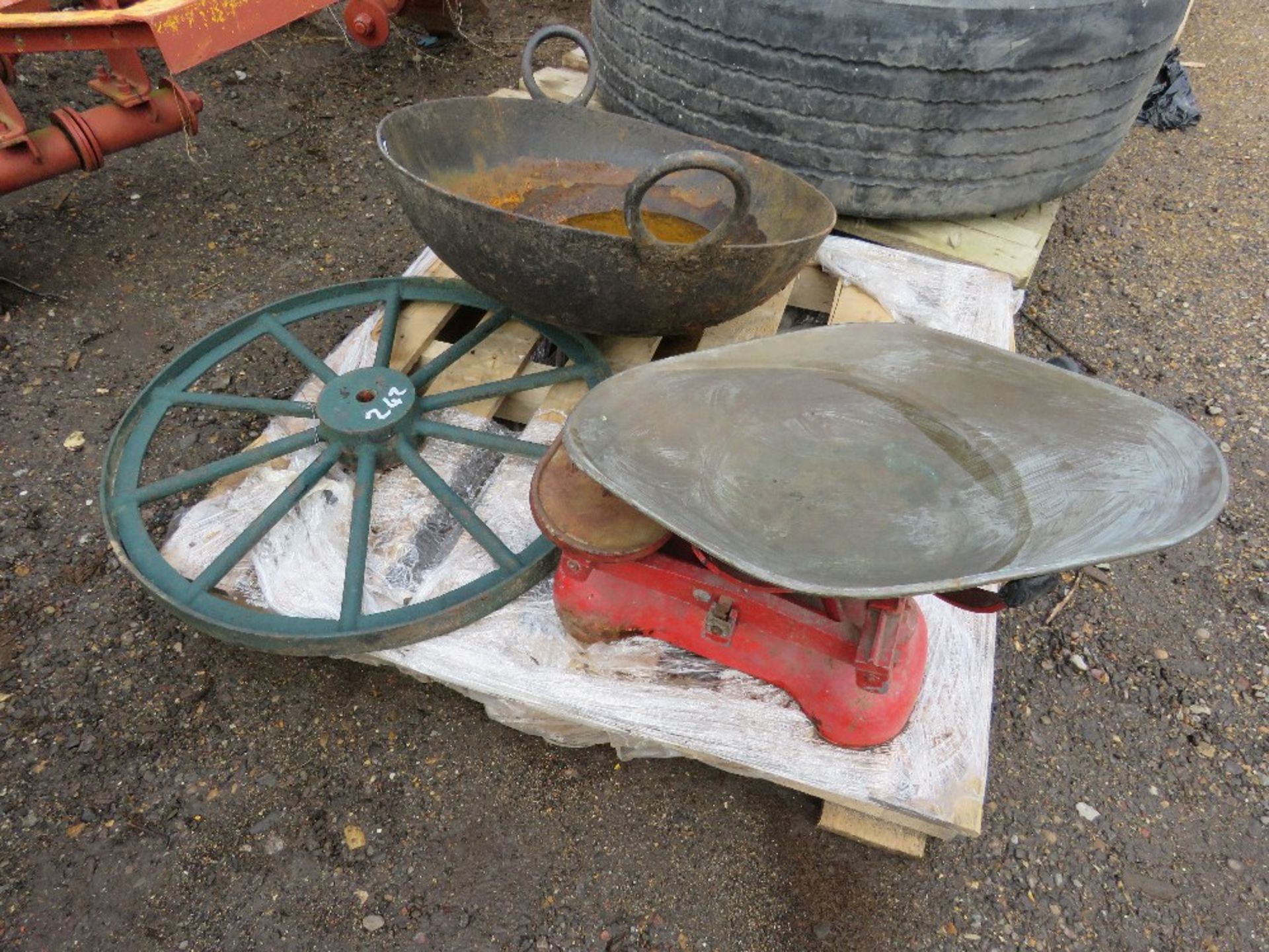 3 X DECORATIVE GARDEN ITEMS: CAST WHEEL, WOK AND OLD SCALES. THIS LOT IS SOLD UNDER THE AUCTIONEE - Image 2 of 3