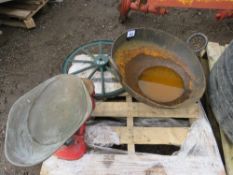 3 X DECORATIVE GARDEN ITEMS: CAST WHEEL, WOK AND OLD SCALES. THIS LOT IS SOLD UNDER THE AUCTIONEE