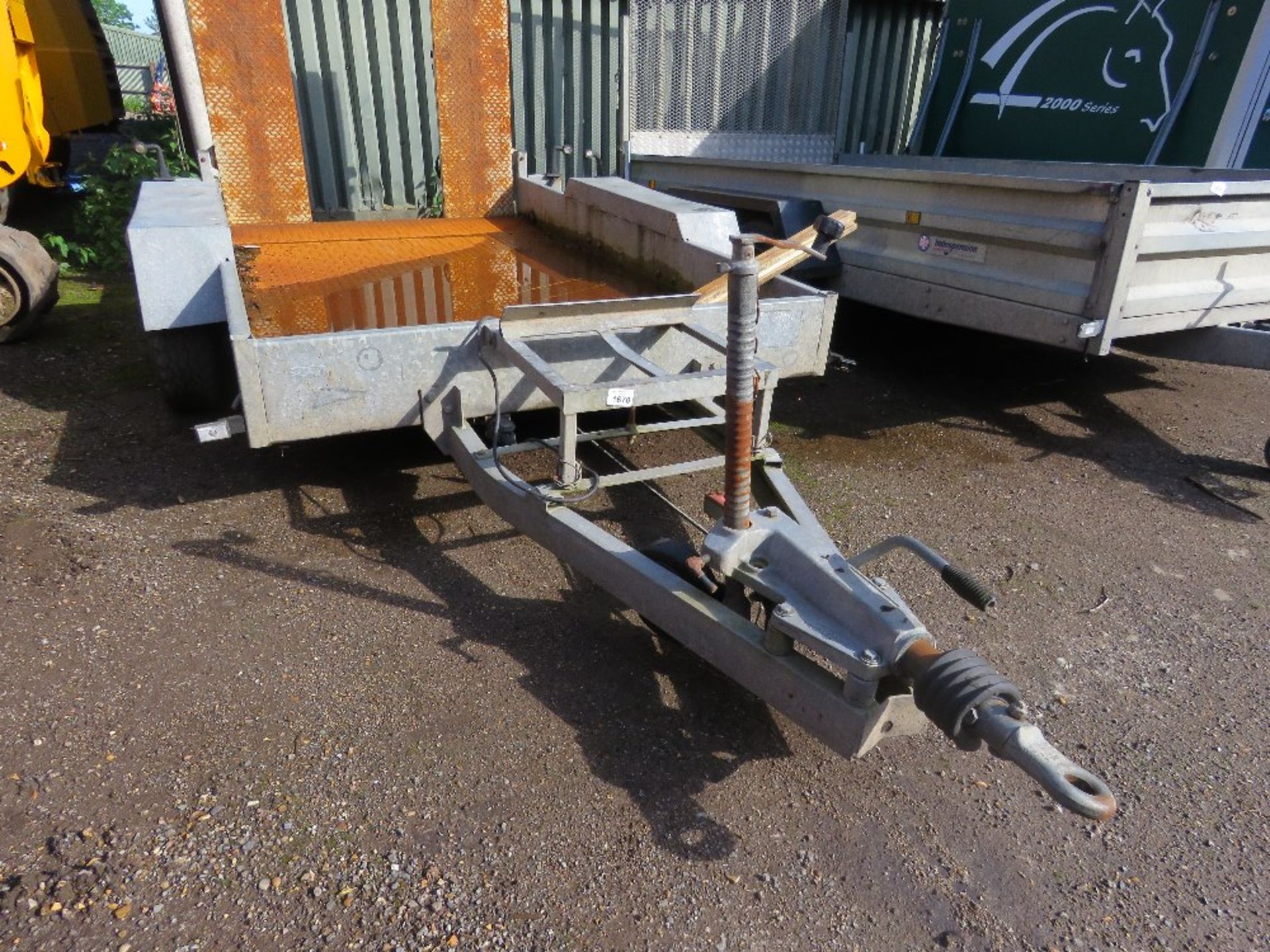 INDESPENSION HEAVY DUTY TWIN AXLED PLANT TRAILER, 1.7M X 3M BED SIZE APPROX. CHEQUER PLATE STEEL FLO