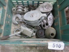 BOX CONTAINING PULLEY WHEELS ETC.