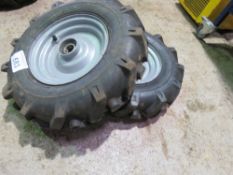 2NO WHEELS AND TYRES: 4.00-8 CLEATED PATTERN, UNUSED. THIS LOT IS SOLD UNDER THE AUCTIONEERS MARG