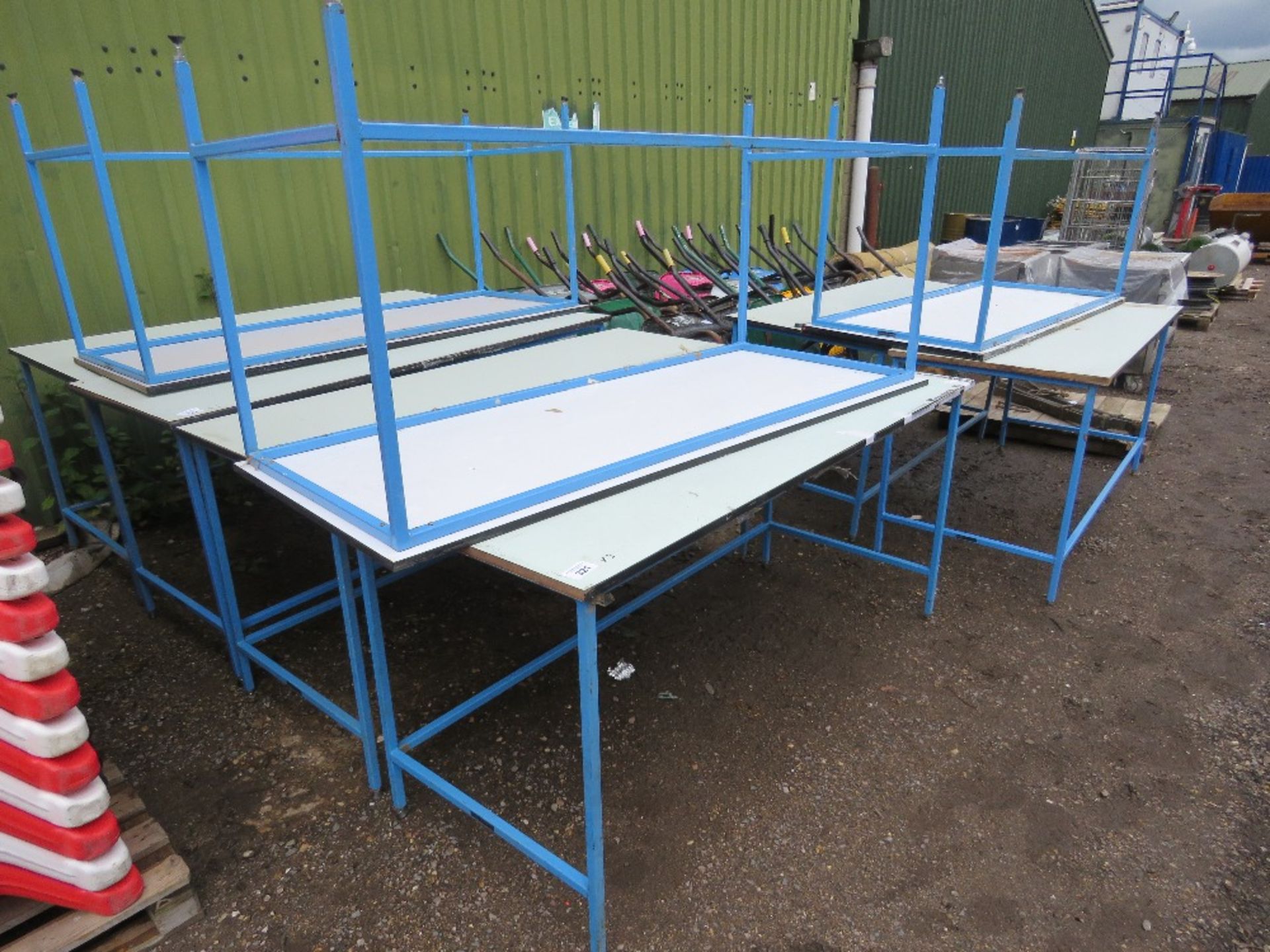 3 X METAL FRAMED WORK TABLES: 1.88M X 76CM WITH 90CM WORK HEIGHT APPROX. THIS LOT IS SOLD UNDER T
