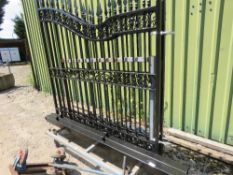 PAIR OF ORNATE IRON GATES WITH SPIKED TOPS AND BALL TOPPED POSTS. 2.15M MAX HEIGHT (PLUS CENTRAL SPI
