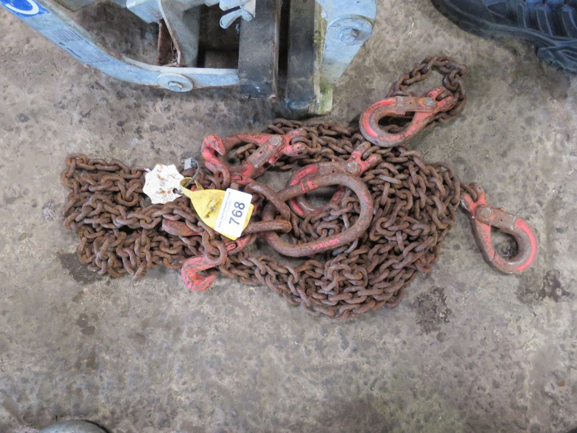 SET OF 4 LEGGED LIFTING CHAINS WITH SHORTENERS, 8FT LENGTH APPROX. THIS LOT IS SOLD UNDER THE AUC