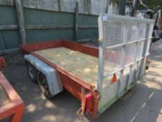 TWIN AXLED PLANT TRAILER WITH REAR RAMP. BED SIZE 1.9M X 3.7M APPROX. RING HITCH FITTED. SURPLUS TO