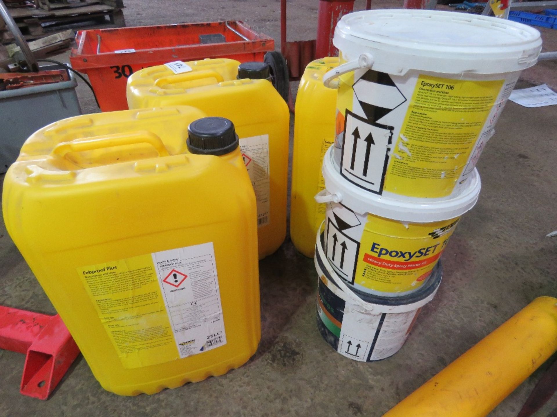 3 X LARGE DRUMS OF FEB PROOF ADDITIVE PLUS 3 X SMALL TUBS OF CEMENT TREATMENT PRODUCTS. THIS LOT - Image 2 of 4