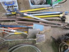 2 X LONG HANDLED HOLE SPADES, 5 X SPADES PLUS 2 X SCRAPERS AND EXTENSION POLES ETC.