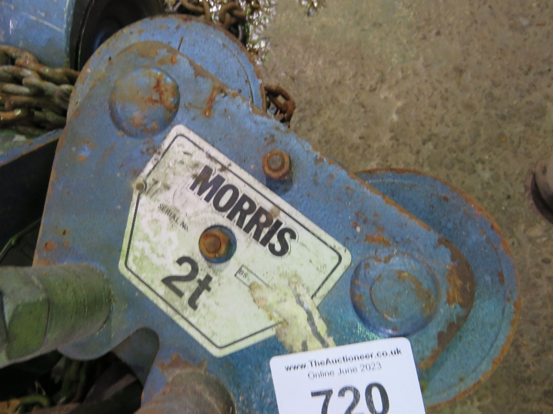 2NO MORRIS CHAIN HOISTS WITH BEAM RUNNERS. THIS LOT IS SOLD UNDER THE AUCTIONEERS MARGIN SCHEME, - Image 2 of 4