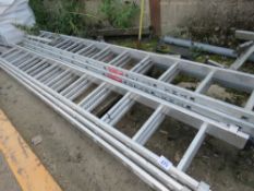 2 X TRIPLE STAGE ALUMINIUM LADDERS WITH STABILISING BAR, 11FT CLOSED LENGTH APPROX.
