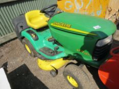 JOHN DEERE LTR180 PETROL ENGINED RIDE ON MOWER WITH COLLECTOR. WHEN TESTED WAS SEEN TO START, DRIVE,