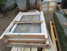 2 X WOODEN WINDOW FRAMES WITH LEADED LITES, APPEAR UNUSED 105CM WIDE X 90CM APPROX.