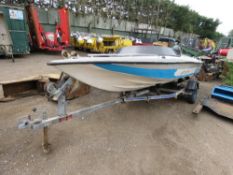 SPEED BOAT, 15FT LENGTH APPROX ON SINGLE AXLE TRAILER (AXLE NEEDS ATTENTION). MERCURY 75HP 2 STROKE