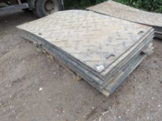 STACK OF BLACK INTERLOCKING TRACK MATS, 15MM THICKNESS: 13NO APPROX @ 1.2M X 2.4M. DIRECT FROM LOCA
