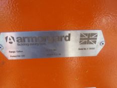 ARMORGARD LARGE SIZED WHEELED TOOL SAFE, NO KEYS, SOME DAMAGE TO LID AS SHOWN.