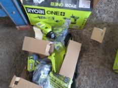 RYOBI BATTERY TOOL SET: LIGHT, DRILL, DRIVER, RECIP SAW, ONE BATTERY AND CHARGER, NO BAG..SEE IMAGES