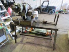 PEDRAZZOLI MEC BROWN 75 CROSS CUT METAL SAW, 3 PHASE, ON A BENCH WITH SPARE BLADES. WORKING WHEN REC