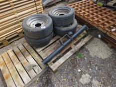 TOW BAR ASSEMBLY PLUS 4 NO PLANT TRAILER 5 STUD WHEELS AND TYRES, 195/50R13C. THIS LOT IS SOLD U