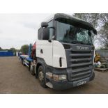 SCANIA R420 8X2 BEAVER TAIL PLANT LORRY WITH FASSI F275 REMOTE OPERATED CRANE REG: MX57 LXC. FIRST R