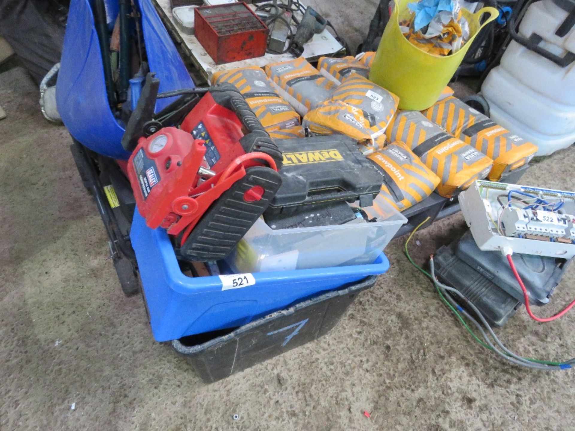 3 X BOXES OF BUILDING SUNDRIES PLUS A JUMP PACK. THIS LOT IS SOLD UNDER THE AUCTIONEERS MARGIN SC