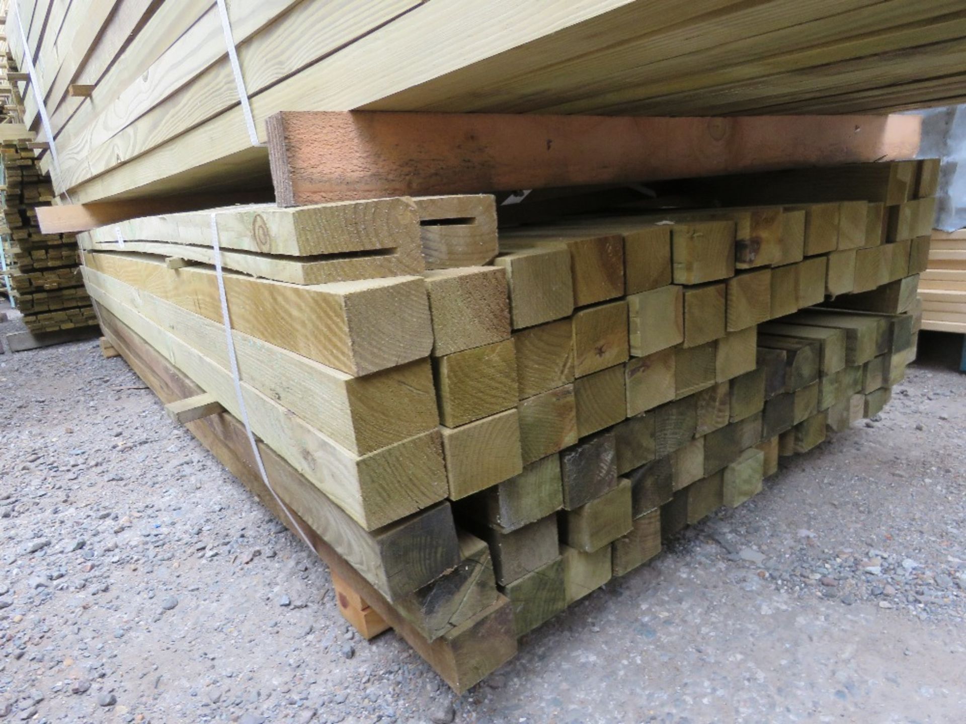 PACK OF TREATED TIMBER POSTS: 2.4M LENGTH 55MM X 50MM APPROX. 90NO IN TOTAL APPROX.