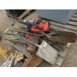 PALLET OF ASSORTED HAND TOOLS PLUS A PETROL BLOWER UNIT. THIS LOT IS SOLD UNDER THE AUCTIONEERS M