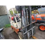DATSUN/ NISSAN 3 TONNE GAS POWERED FORKLIFT. WHEN TESTED WAS SEEN TO DRIVE, STEER AND BRAKE (GAS LOW