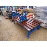 2 X WOODEN TOPPED BENCHES WITH CAST ENDS 1.2M AND 1.8M LENGTH APPROX, HEAVY DUTY CONSTRUCTION.