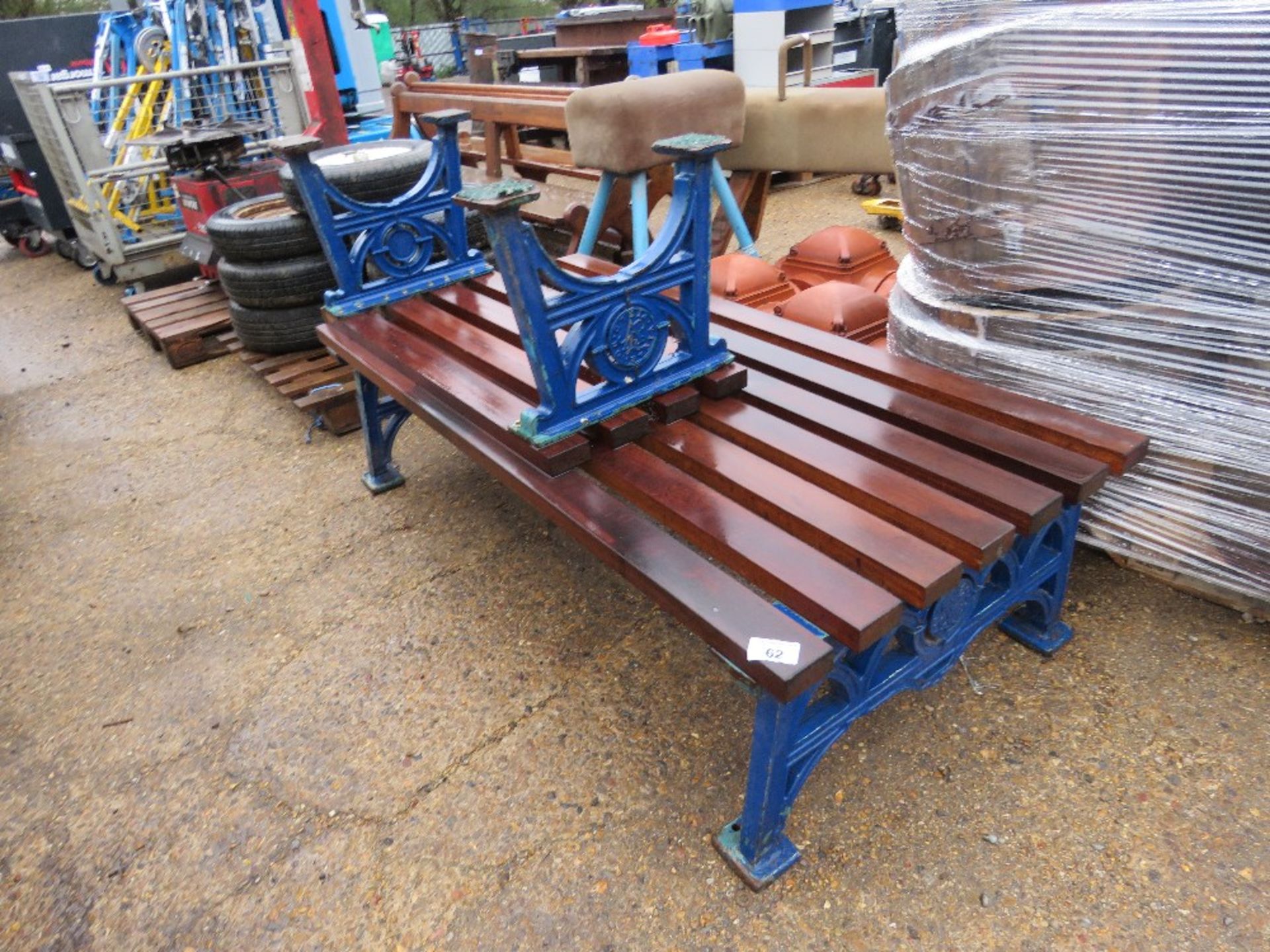 2 X WOODEN TOPPED BENCHES WITH CAST ENDS 1.2M AND 1.8M LENGTH APPROX, HEAVY DUTY CONSTRUCTION.