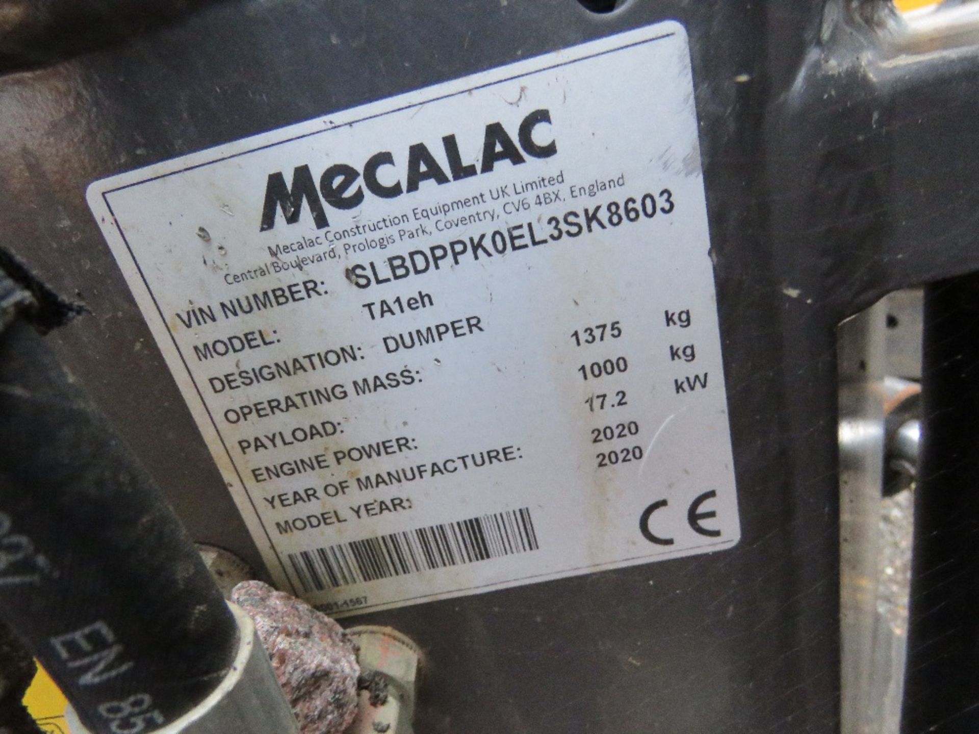 MECALAC TA1EH HIGH TIP DUMPER, YEAR 2020, 619 REC HRS. SN:SLBDPPK0EL3SK8603. WHEN TESTED WAS SEEN TO - Image 8 of 9