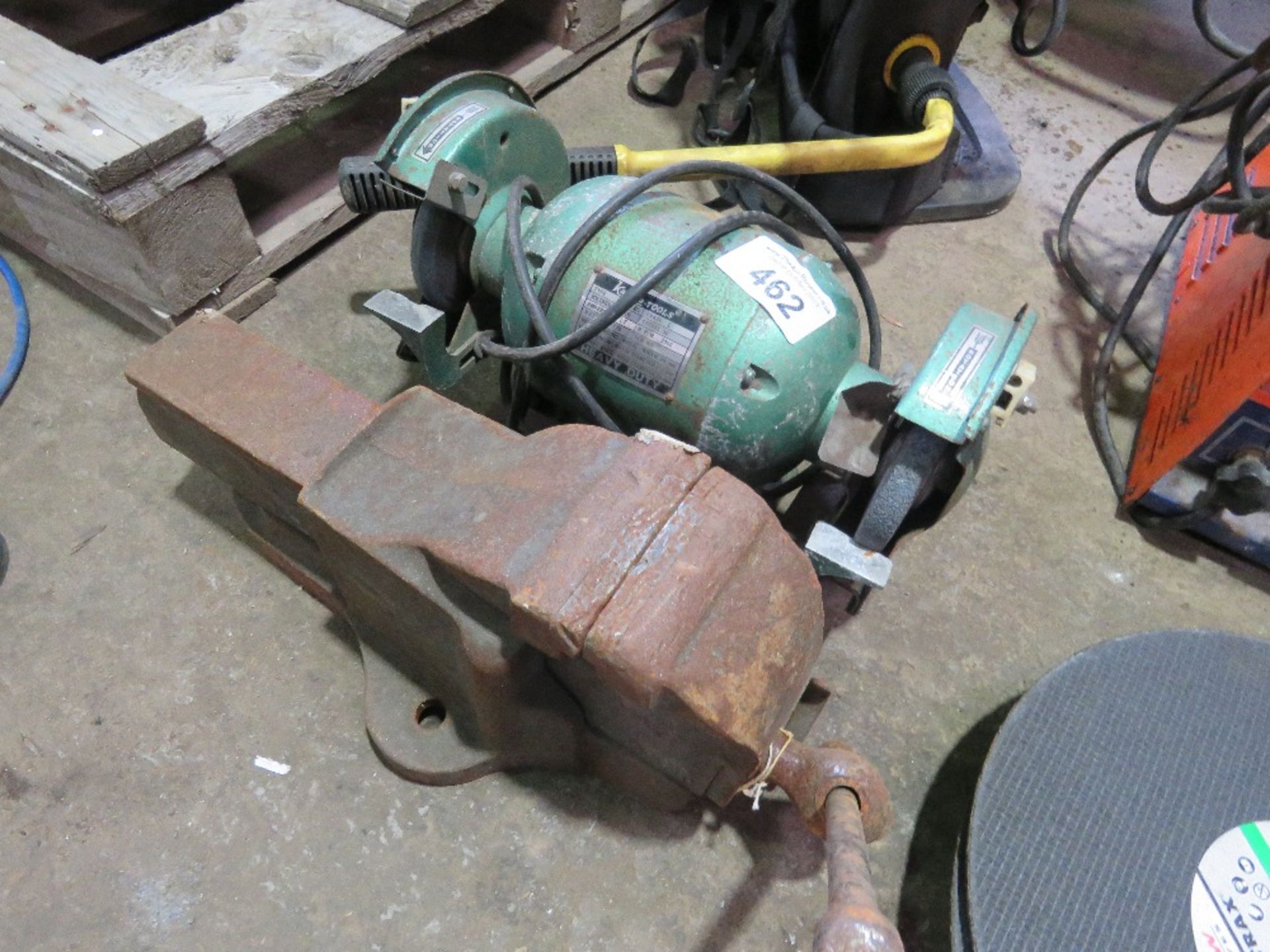 LARGE VICE PLUS A BENCHGRINDER. SOURCED FROM SITE CLOSURE/CLEARANCE.