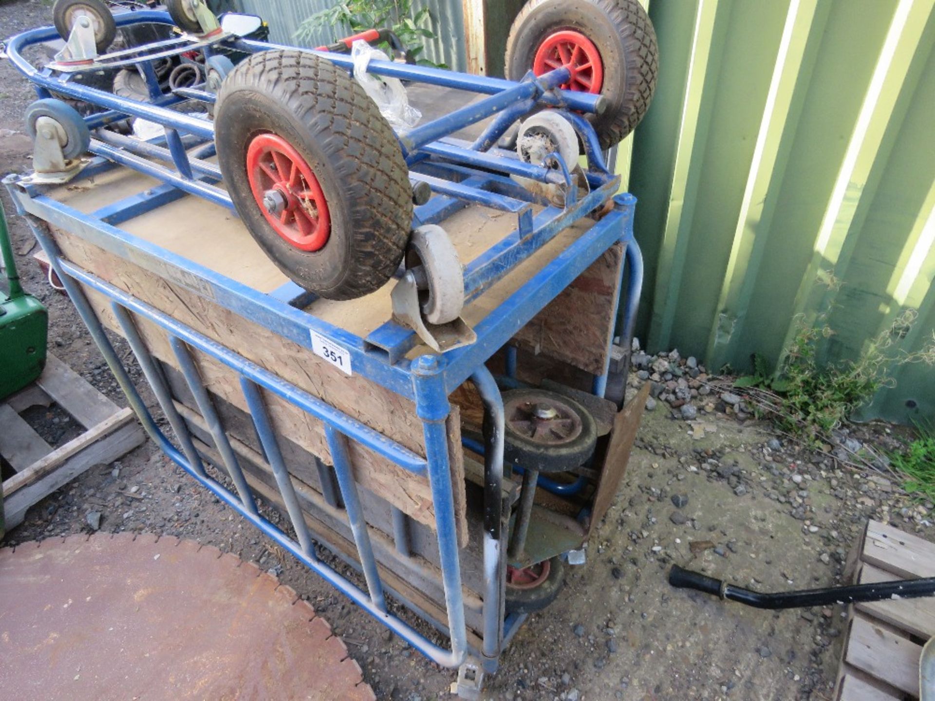 WHEELED WORKSHOP TROLLEY, 2 X 4 WHEELED TROLLEYS PLUS 2NO SACKBARROWS.