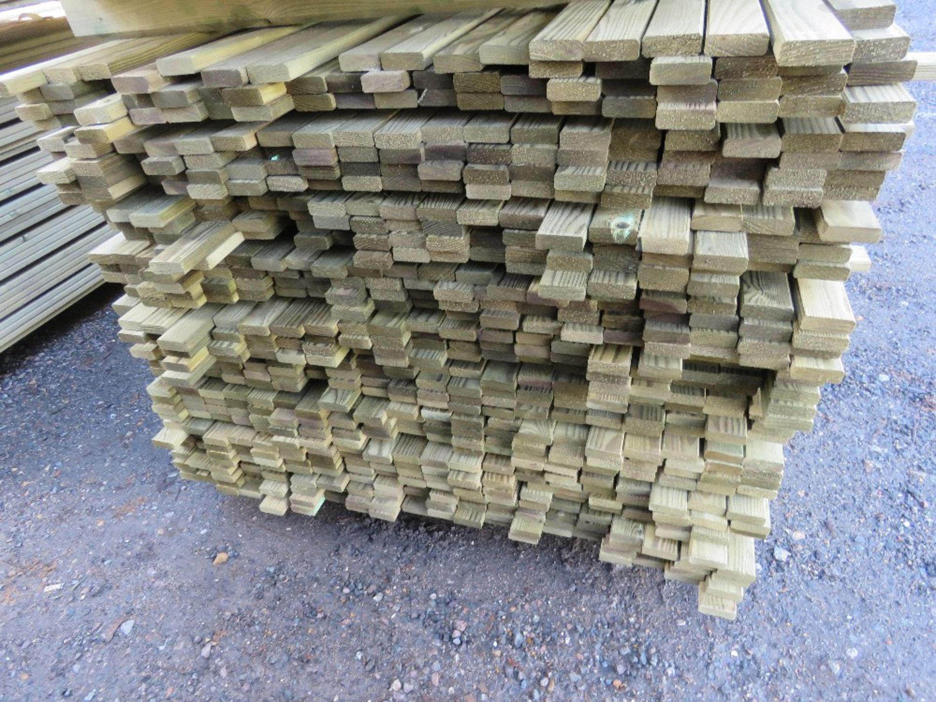 LARGE PACK OF TREATED VENETIAN PALE TIMBER CLADDING SLATS. 1.83M LENGTH X 45MM X 17MM APPROX. - Image 2 of 3