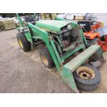 JOHN DEERE 855 4WD COMPACT TRACTOR WITH FOREND LOADER. WHEN TESTED WAS SEEN TO TURN OVER BUT NOT STA
