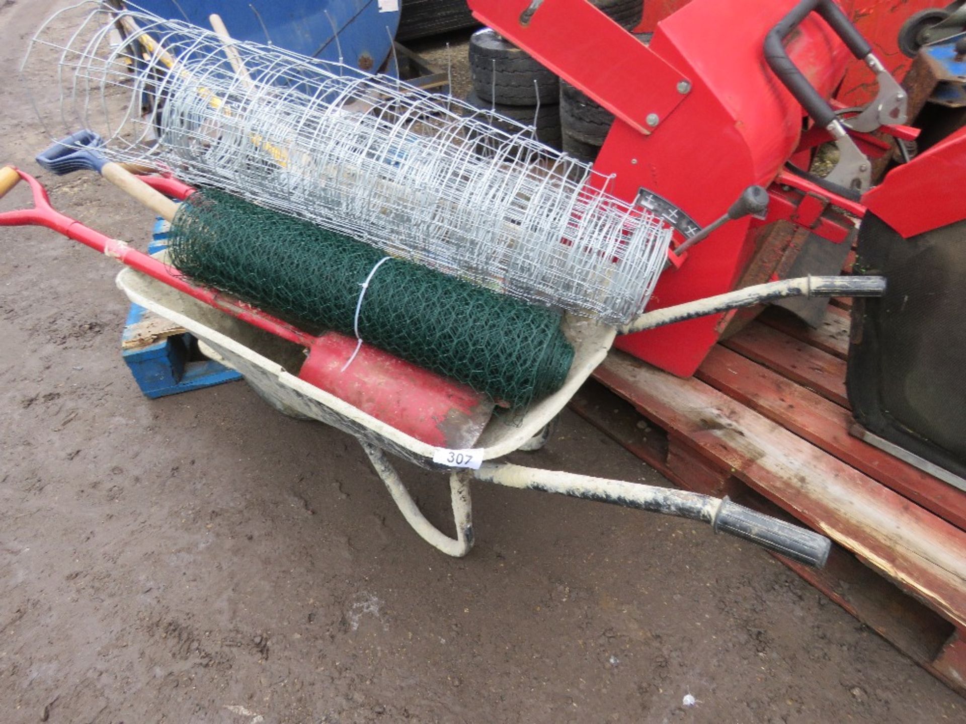 WHEELBARROW, TOOLS & FENCING WIRE. THIS LOT IS SOLD UNDER THE AUCTIONEERS MARGIN SCHEME, THEREFOR