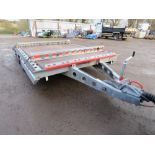 PLOWMAN PCT41 TWIN AXLED BEAVERTAIL TRAILER. 13FT X 7FT BED APPROX WITH RAMPS AS SHOWN. 3OOOKG RATED