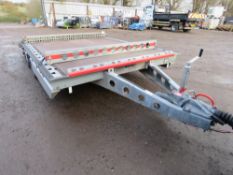 PLOWMAN PCT41 TWIN AXLED BEAVERTAIL TRAILER. 13FT X 7FT BED APPROX WITH RAMPS AS SHOWN. 3OOOKG RATED