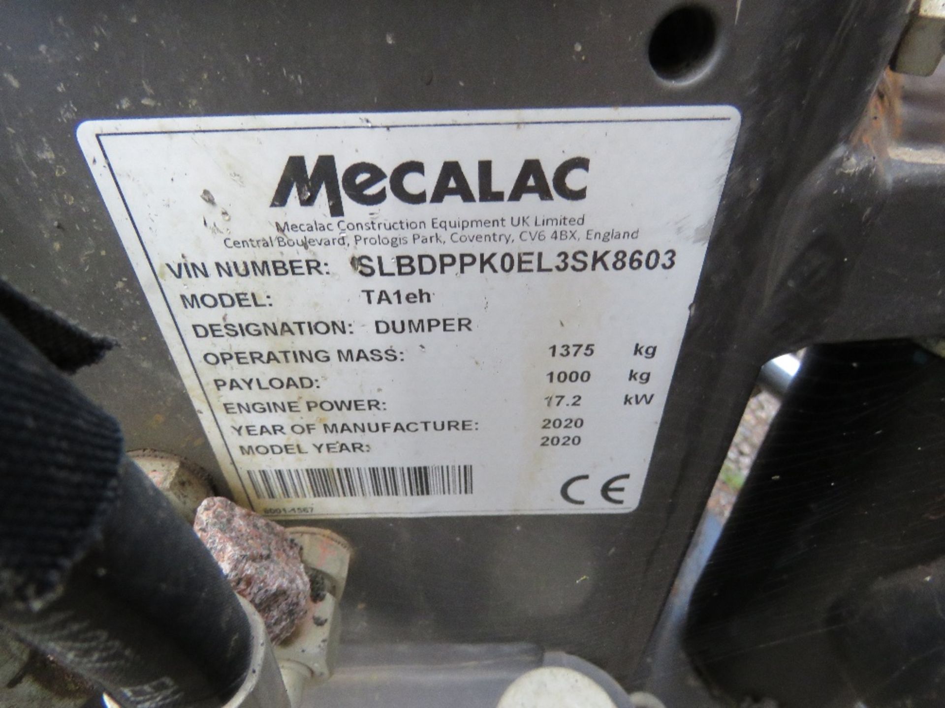 MECALAC TA1EH HIGH TIP DUMPER, YEAR 2020, 619 REC HRS. SN:SLBDPPK0EL3SK8603. WHEN TESTED WAS SEEN TO - Image 9 of 9