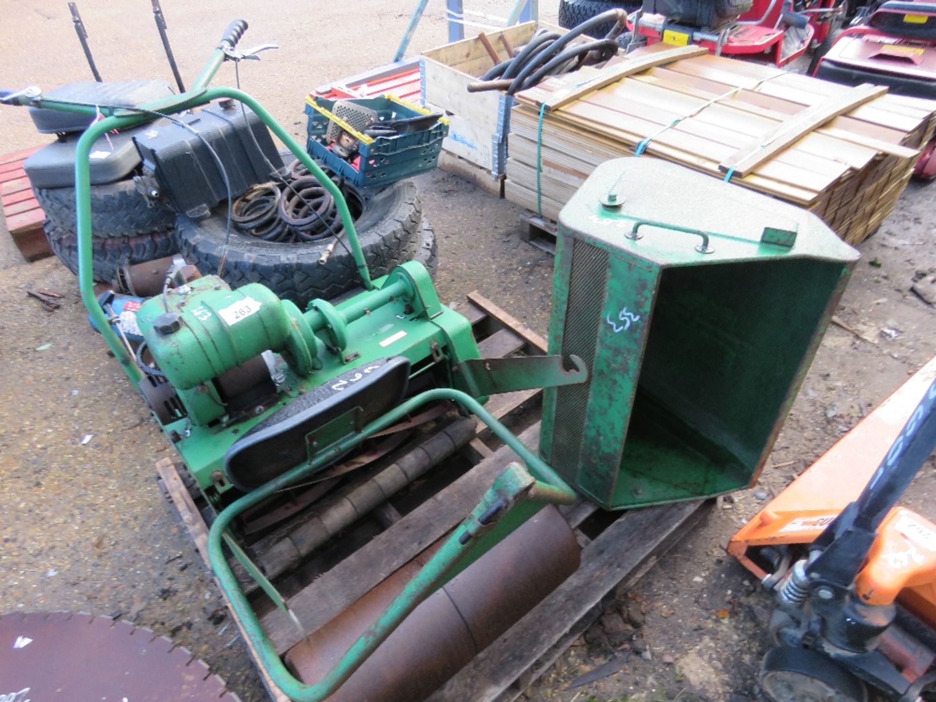 RANSOMES CYLINDER MOWER PLUS ROLLER SEAT AND BOX. THIS LOT IS SOLD UNDER THE AUCTIONEERS MARGIN S