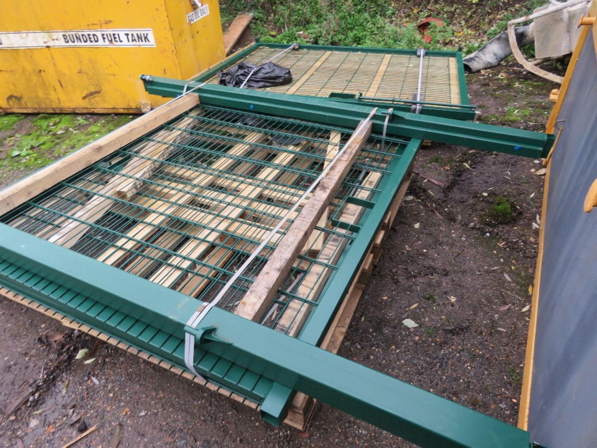 PAIR OF HEAVY DUTY GREEN YARD GATES WITH POSTS, UNUSED, 1.9M WIDTH X 2M HEIGHT EACH APPROX. - Image 3 of 6