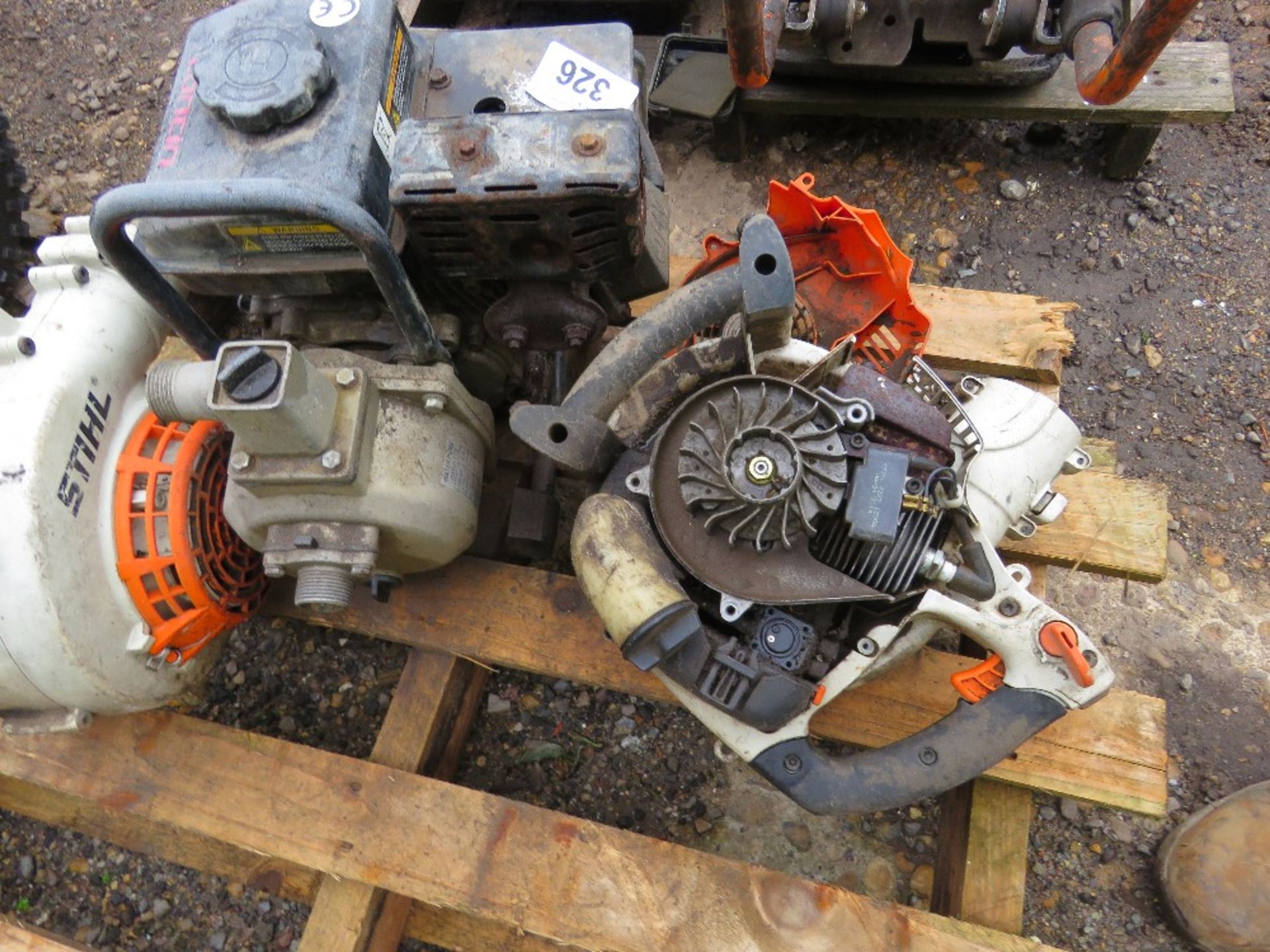 2 X STIHL HAND HELD BLOWERS PLUS A WATER PUMP, PARTS MISSING. THIS LOT IS SOLD UNDER THE AUCTIONE