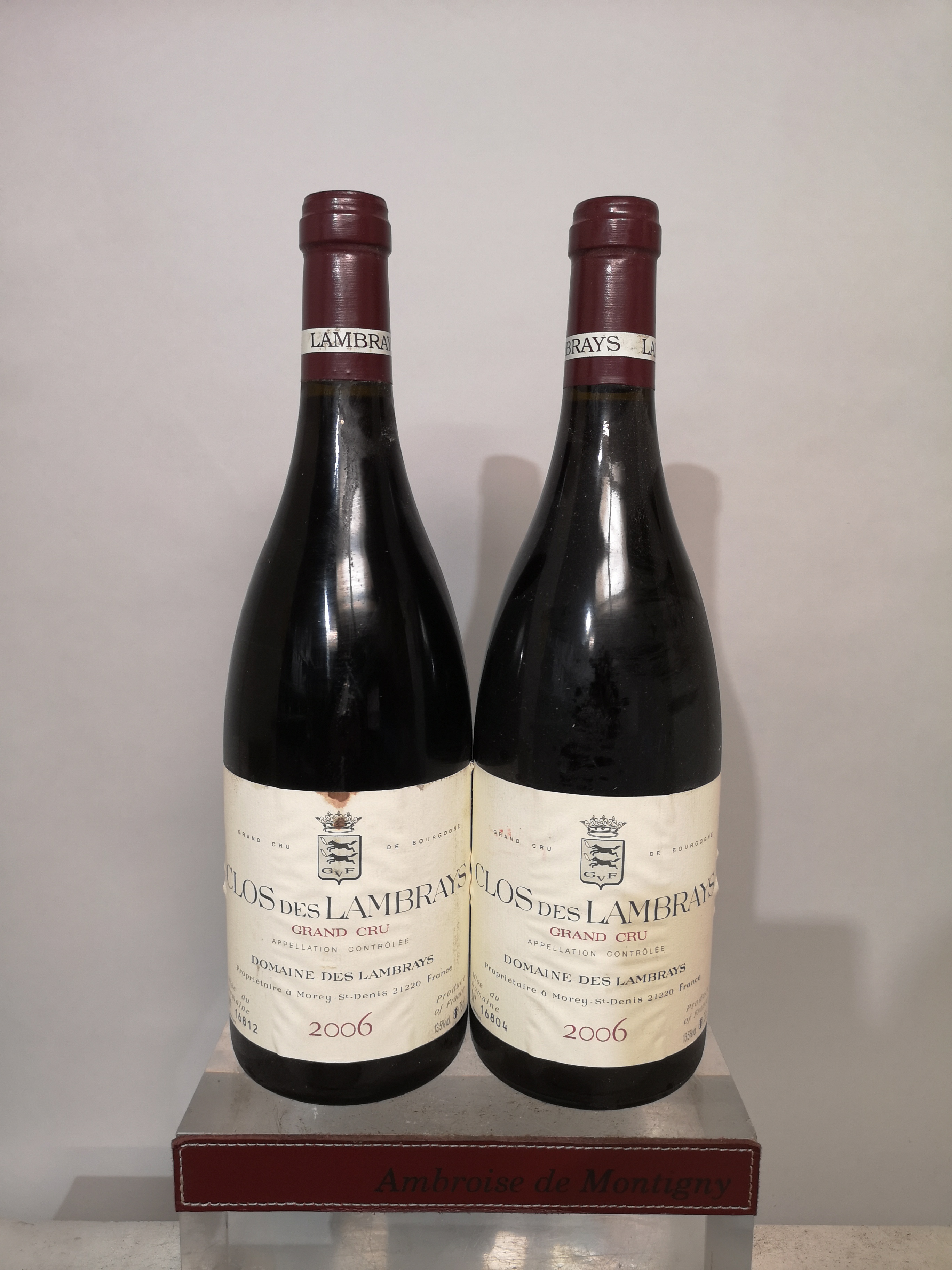 2 bottles CLOS des LAMBRAYS Grand Cru - Domaine des LAMBRAYS 2006.
 Labels slightly stained.