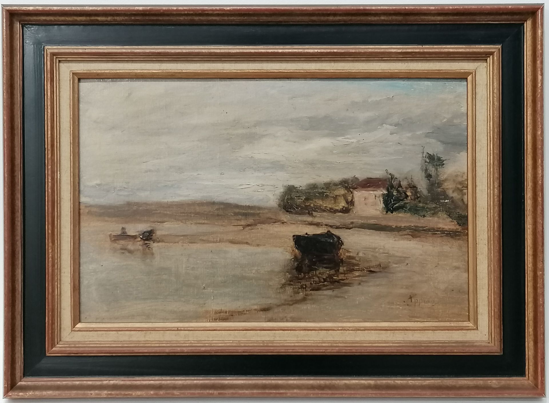 Louis Appian (1862-1896).Boat near the coast.Oil on canvas marouflaged on cardboard.Signed lower rig