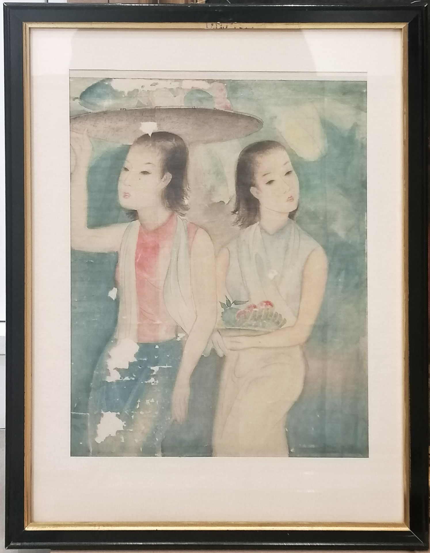 Set of three framed pieces:- Silk painting, two young women, accidents and gaps, supervised under gl - Bild 2 aus 3