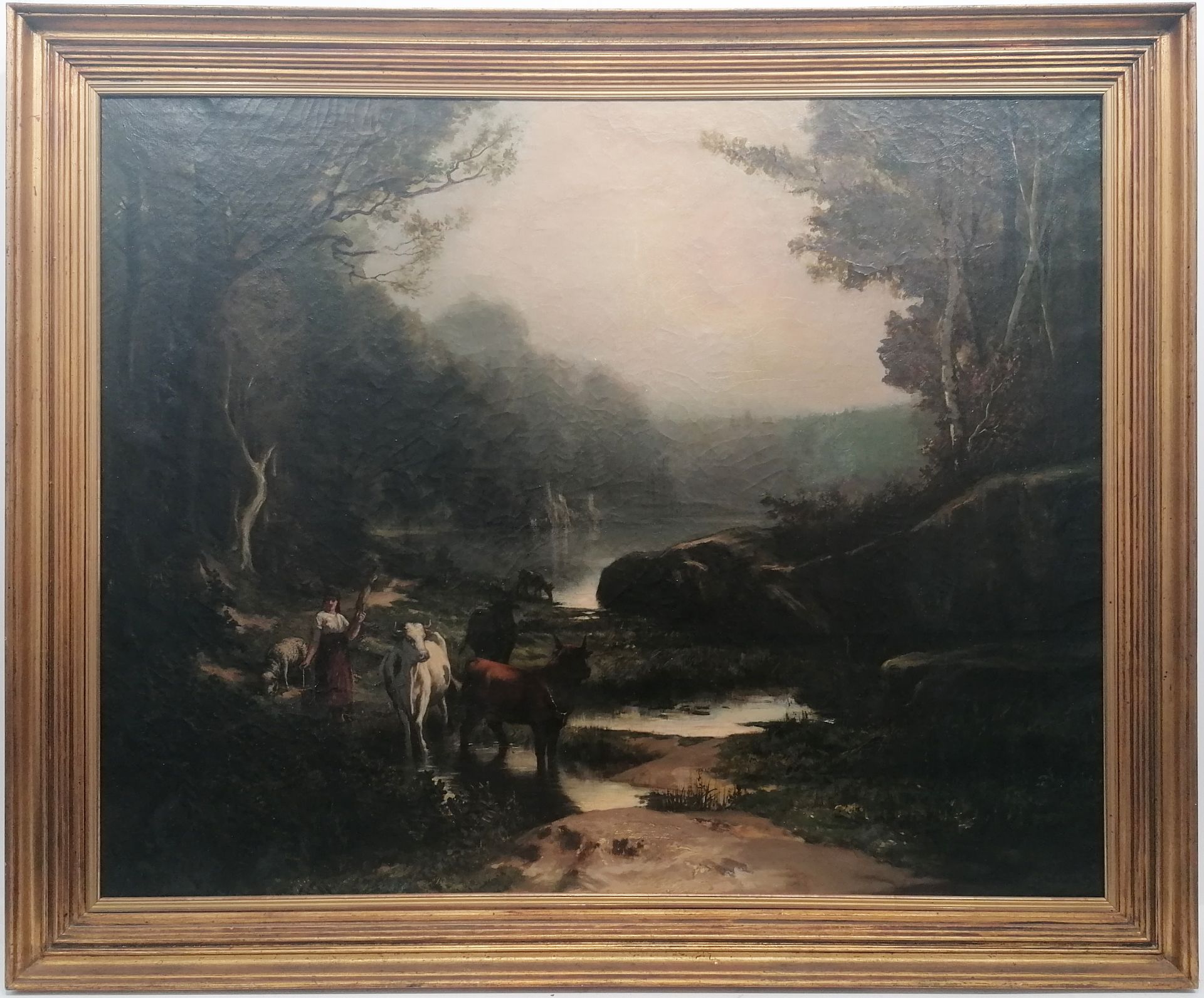 Théodore Levigne (1848-1912)Shepherdess by a lakeSigned lower rightOil on canvas80 x 100 cm.