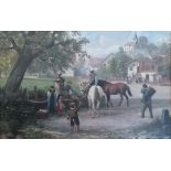 XXth century SchoolHorses at the drinkerOil on canvas.Signed at the bottom right "E. Mul